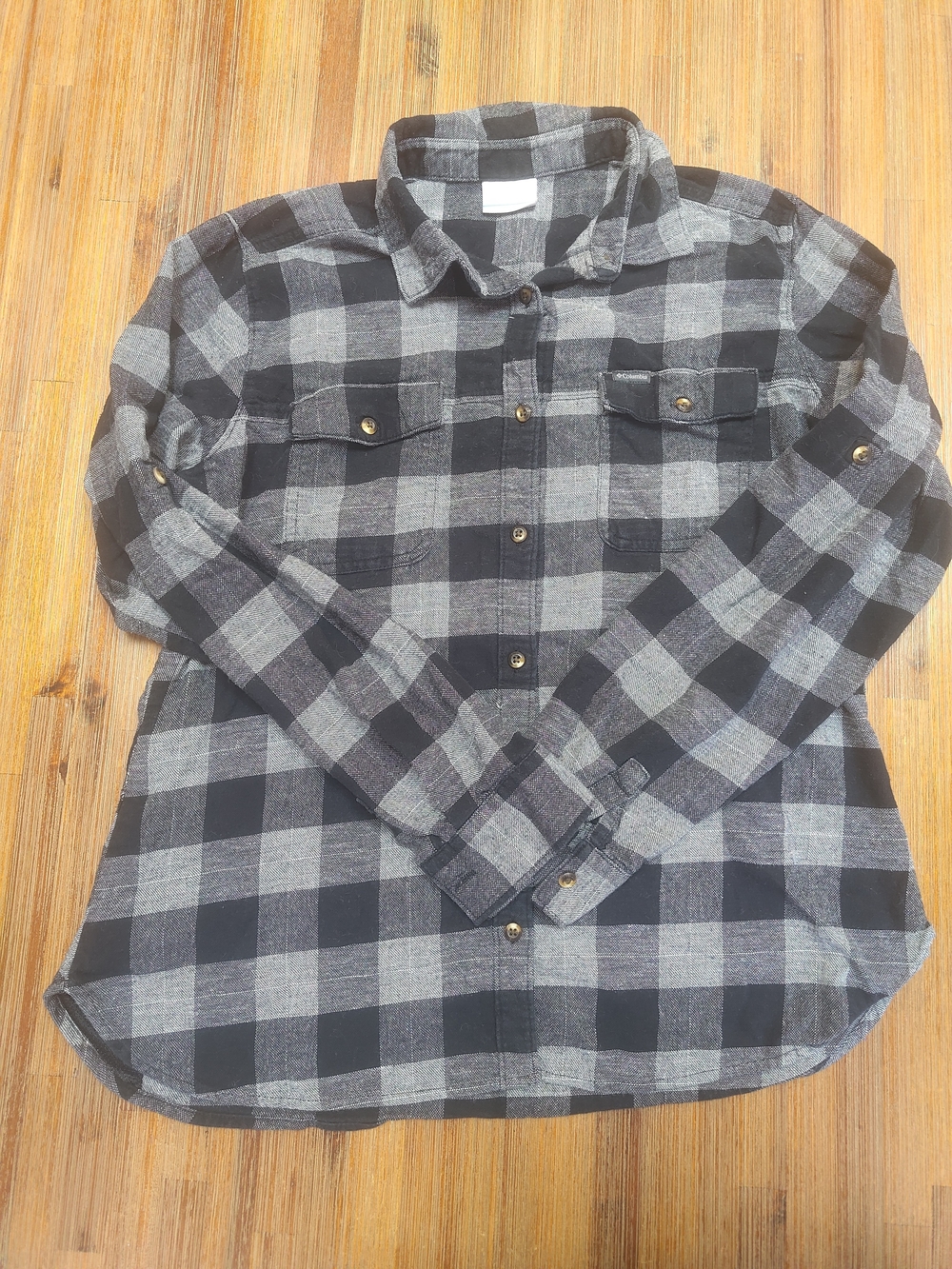 Columbia Shirt Womens Large Black Gray White Plaid Flannel Button Down